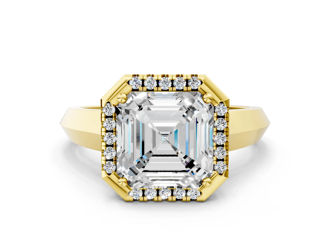 Yellow gold Asscher Halo Diamond Ring with Cathedral Band and Four-Prong Setting_47