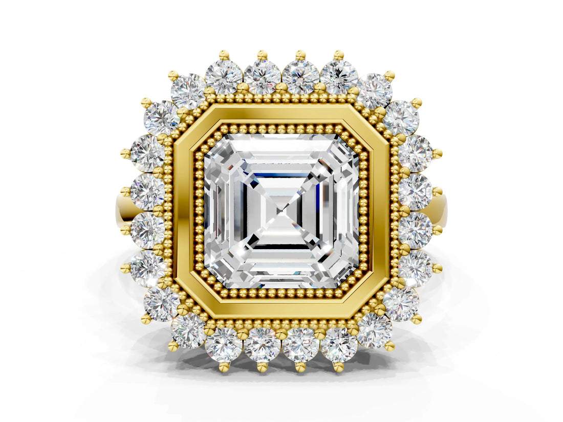 Yellow gold Asscher Halo Diamond Ring with Milgrain Edge and Round Prong Setting_77
