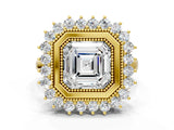 Yellow gold Asscher Halo Diamond Ring with Milgrain Edge and Round Prong Setting_77