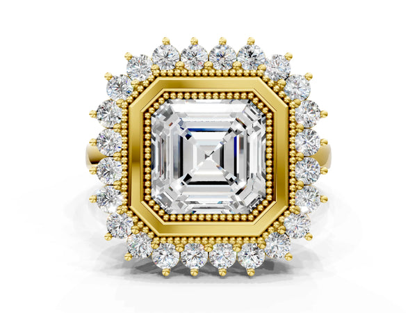Yellow gold Asscher Halo Diamond Ring with Milgrain Edge and Round Prong Setting