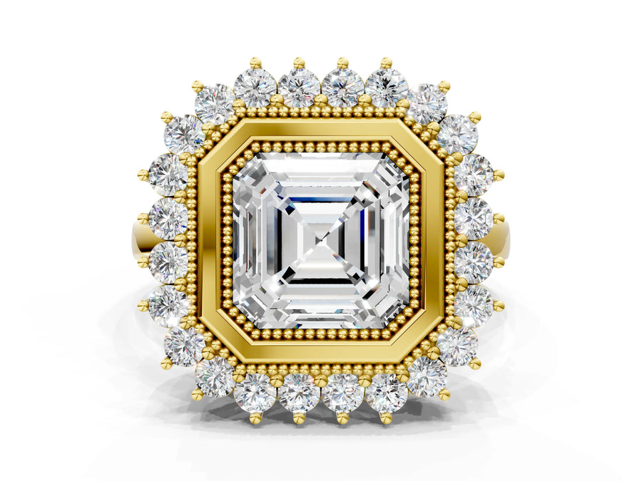 Yellow gold Asscher Halo Diamond Ring with Milgrain Edge and Round Prong Setting