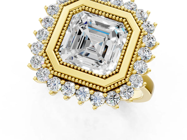 Yellow gold Asscher Halo Diamond Ring with Milgrain Edge and Round Prong Setting