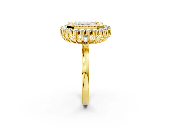 Yellow gold Asscher Halo Diamond Ring with Milgrain Edge and Round Prong Setting