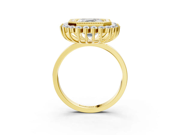 Yellow gold Asscher Halo Diamond Ring with Milgrain Edge and Round Prong Setting