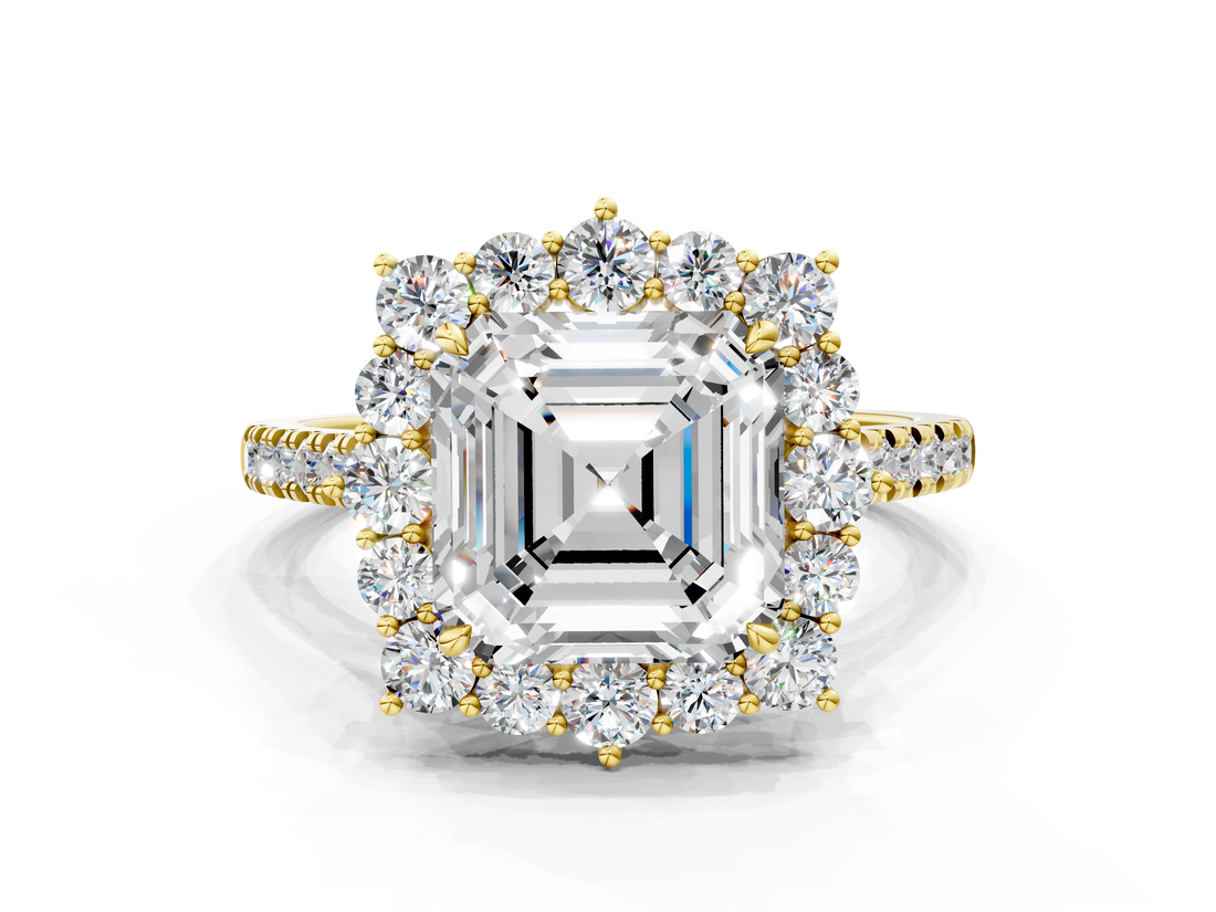 Yellow gold Asscher Halo Diamond Ring with Pavé Band and Prong Setting_18