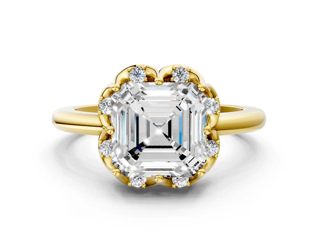 Yellow gold Asscher Halo Diamond Ring with Round Cluster Setting, Solitaire Band, and Four-Prong Setting_35
