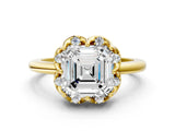 Yellow gold Asscher Halo Diamond Ring with Round Cluster Setting, Solitaire Band, and Four-Prong Setting_35