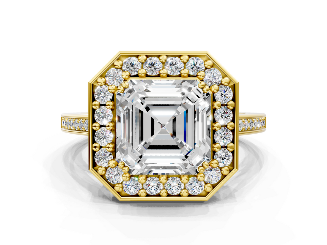 Yellow gold Asscher Halo Diamond Ring with Split Shank and Four-Prong Setting_6