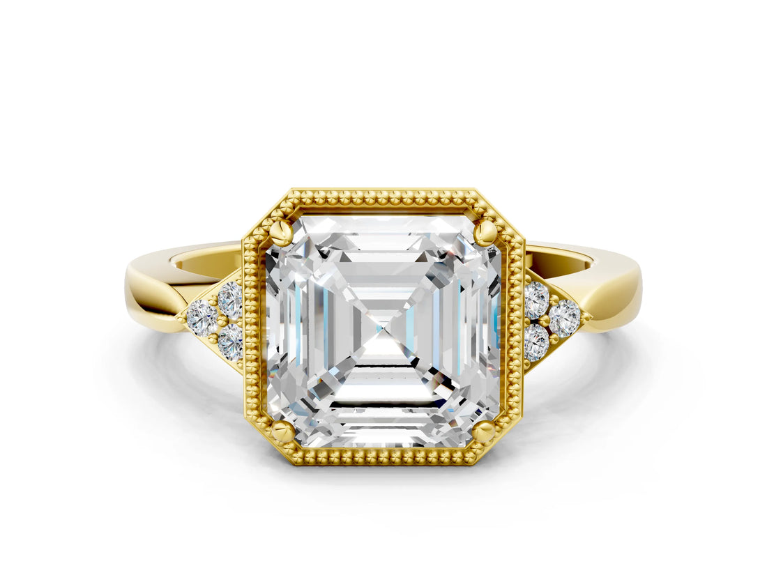 Yellow gold Asscher Halo Diamond Ring with Tapered Band and Four-Prong Setting_10