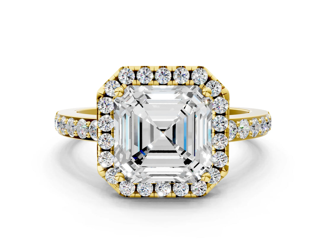 Yellow gold Asscher Halo Diamond Solitaire with Pavé Band and Four-Prong Setting_40