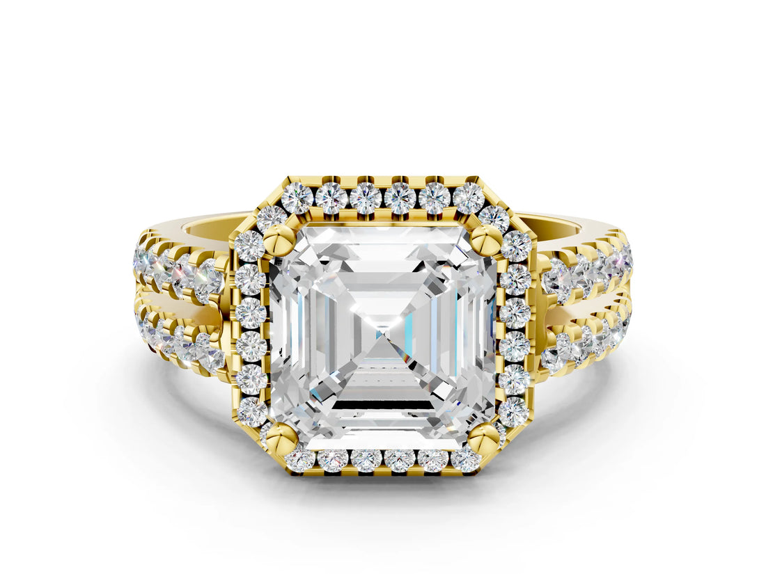 Yellow gold Asscher Halo Diamond Split Shank Engagement Ring with Prong Setting_87