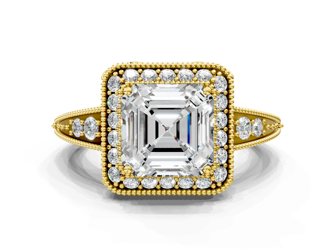 Yellow gold Asscher Halo Diamond Split Shank Ring with Milgrain Detail_51