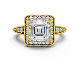 Yellow gold Asscher Halo Diamond Split Shank Ring with Milgrain Detail_51