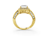 Yellow gold Asscher Halo Diamond Split Shank Ring with Milgrain Detail_54
