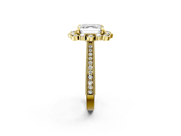 Yellow gold Asscher Halo Milgrain Pave Diamond Ring with Four-Prong Setting