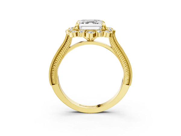 Yellow gold Asscher Halo Milgrain Pave Diamond Ring with Four-Prong Setting