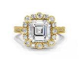 Yellow gold Asscher Halo Milgrain Pave Diamond Ring with Four-Prong Setting