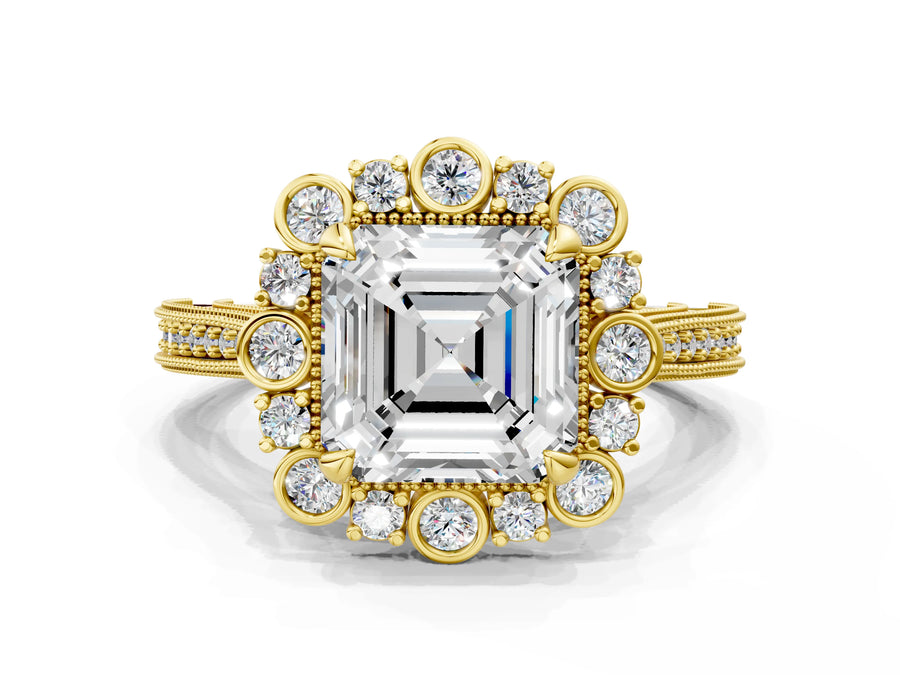 Yellow gold Asscher Halo Milgrain Pave Diamond Ring with Four-Prong Setting