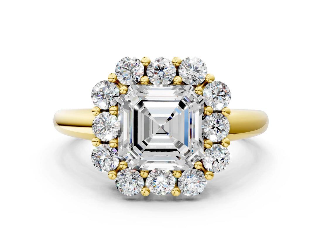 Yellow gold Asscher Halo Milgrain Solitaire with Bezel Set Side Stones and Pave Band_32