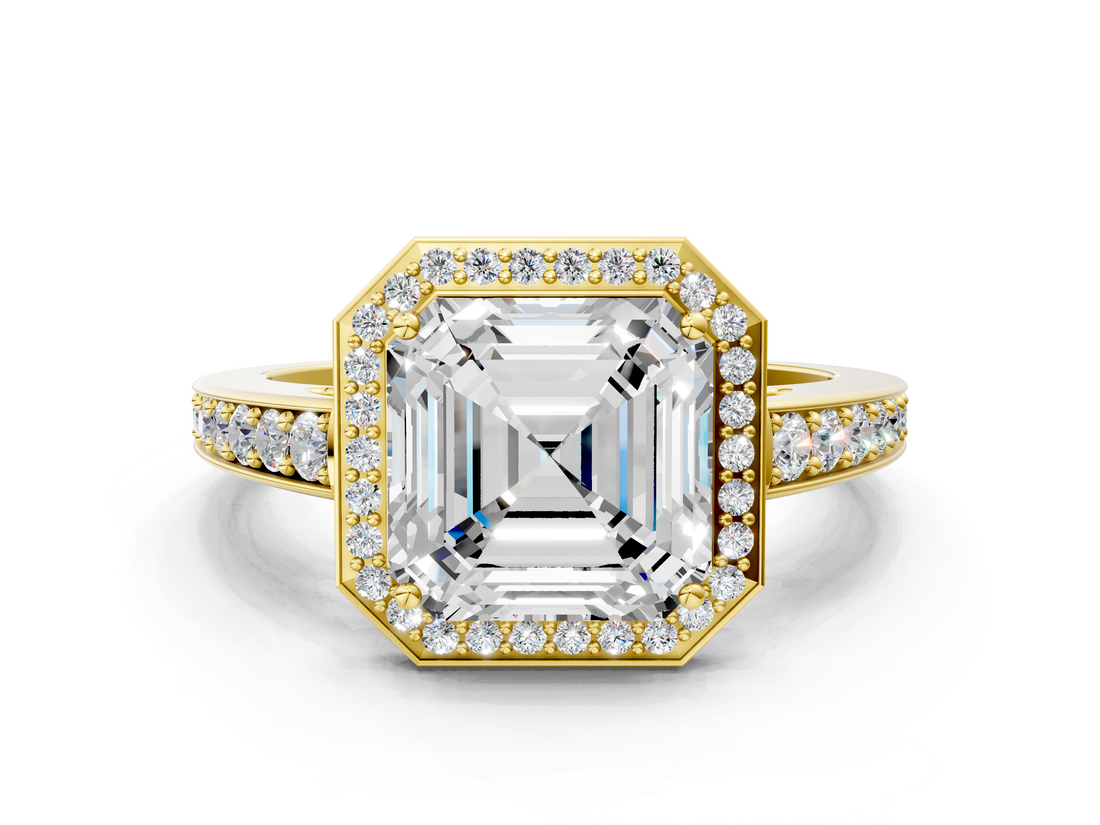 Yellow gold Asscher Halo Pavé Diamond Engagement Ring with Bezel Setting_23