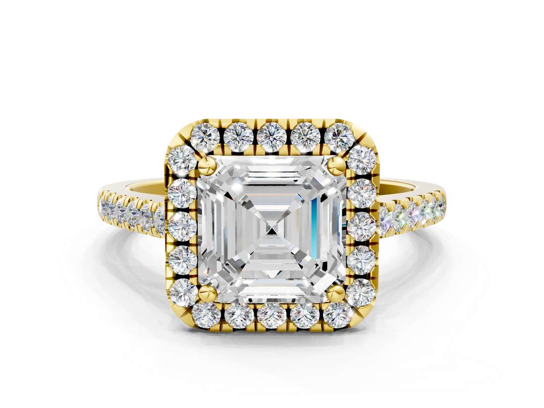 Yellow gold Asscher Halo Pavé Diamond Engagement Ring with Four-Prong Setting_3