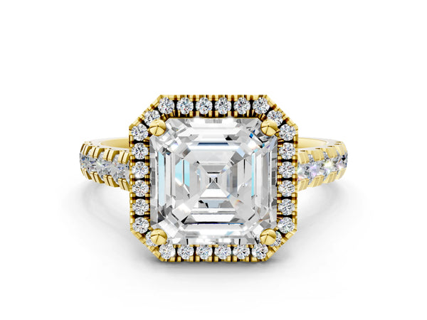 Yellow Gold Asscher Cut Halo Engagement Ring Setting with Accented Shoulders and Bezel Gallery Accents