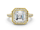 Yellow gold Asscher Halo Pave Band Solitaire Ring with Prong Setting_53