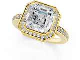 Yellow gold Asscher Halo Pave Band Solitaire Ring with Prong Setting_54