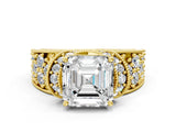 Yellow gold Asscher Halo Pave Diamond Engagement Ring with Milgrain Detailing_53