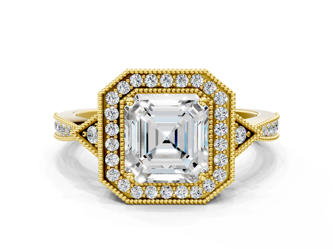 Yellow gold Asscher Halo Round Diamond Milgrain Pave Engagement Ring_9