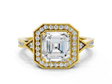 Yellow gold Asscher Halo Round Diamond Milgrain Pave Engagement Ring_9