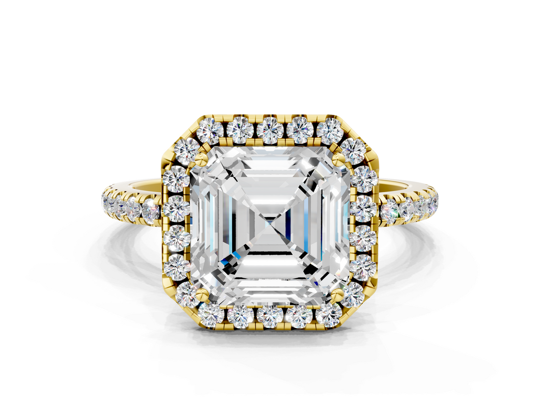 Yellow gold Asscher Halo Round Diamond Pavé Band Four-Prong Ring_3