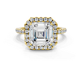 Yellow gold Asscher Halo Round Diamond Pavé Band Four-Prong Ring_3