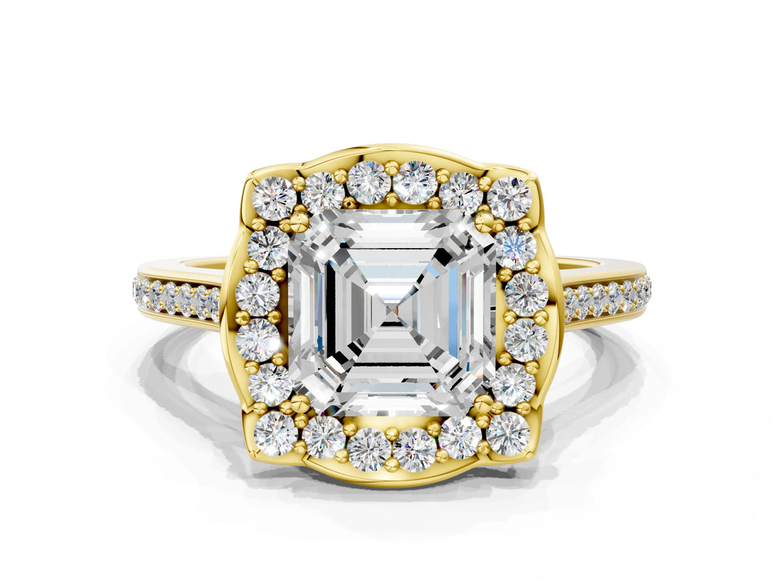 Yellow gold Asscher Halo Round Diamond Pave Band with Four-Prong Setting_33