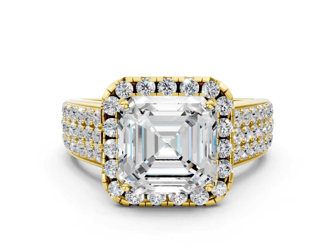 Yellow gold Asscher Halo Round Diamond Pave Band with Prong Setting