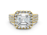 Yellow gold Asscher Halo Round Diamond Pave Band with Prong Setting