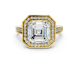 Yellow gold Asscher Halo Solitaire Diamond Ring with Pave Band and Bezel Setting_53