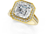 Yellow gold Asscher Halo Solitaire Diamond Ring with Pave Band and Bezel Setting_54
