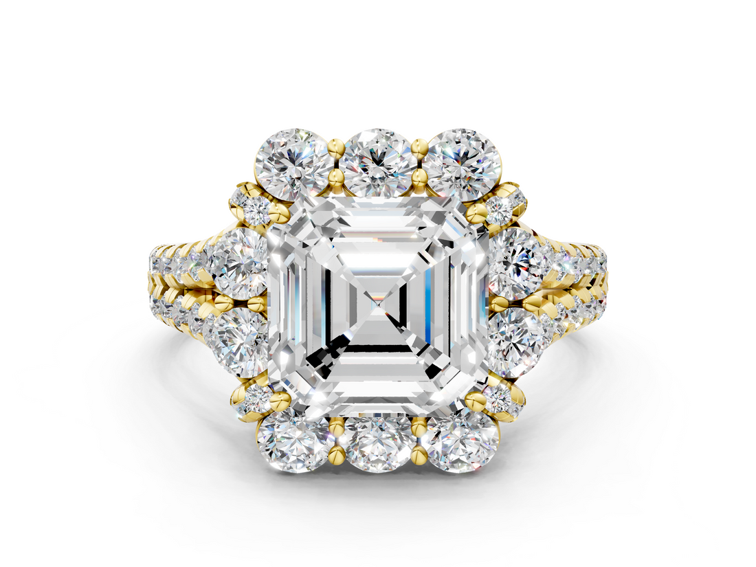 Yellow gold Asscher Halo Split Shank Diamond Engagement Ring with Pave Band and Four-Prong Setting_23
