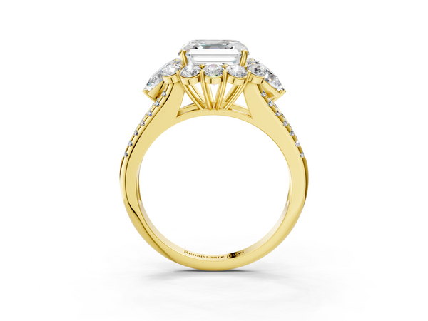 Yellow Gold Asscher Cut Scalloped Halo Three Stone Engagement Ring Setting with Pear Side Stones