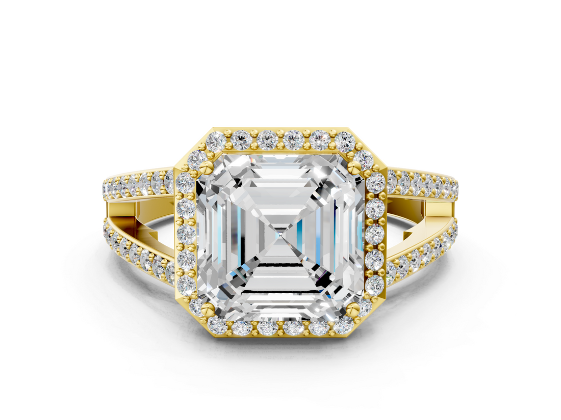 Yellow gold Asscher Halo Split Shank Diamond Ring with Four-Prong Setting_23