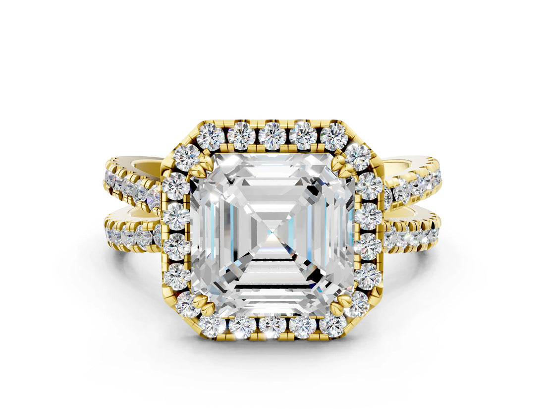 Yellow gold Asscher Halo Split Shank Diamond Ring with Pavé Setting_44