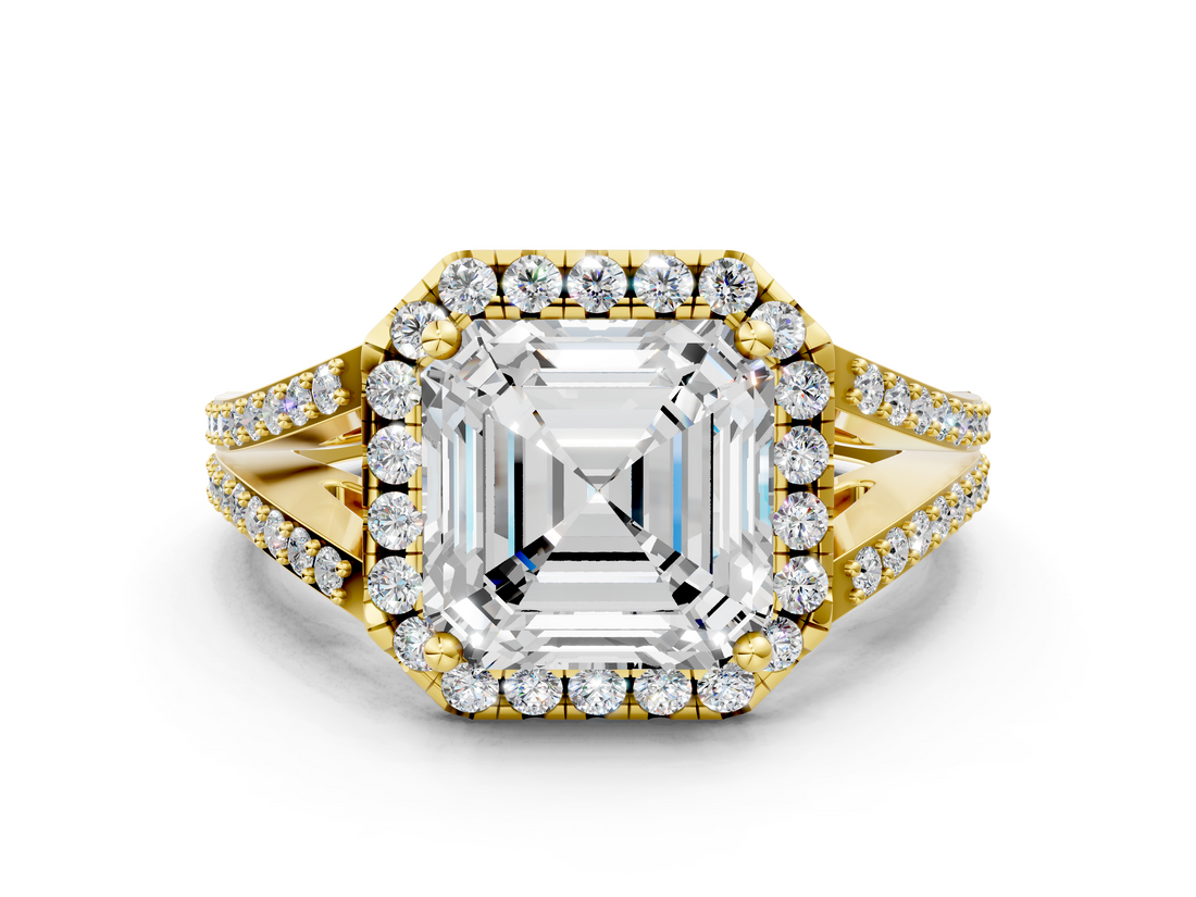 Yellow gold Asscher Halo Split Shank Diamond Ring with Prong Setting_6