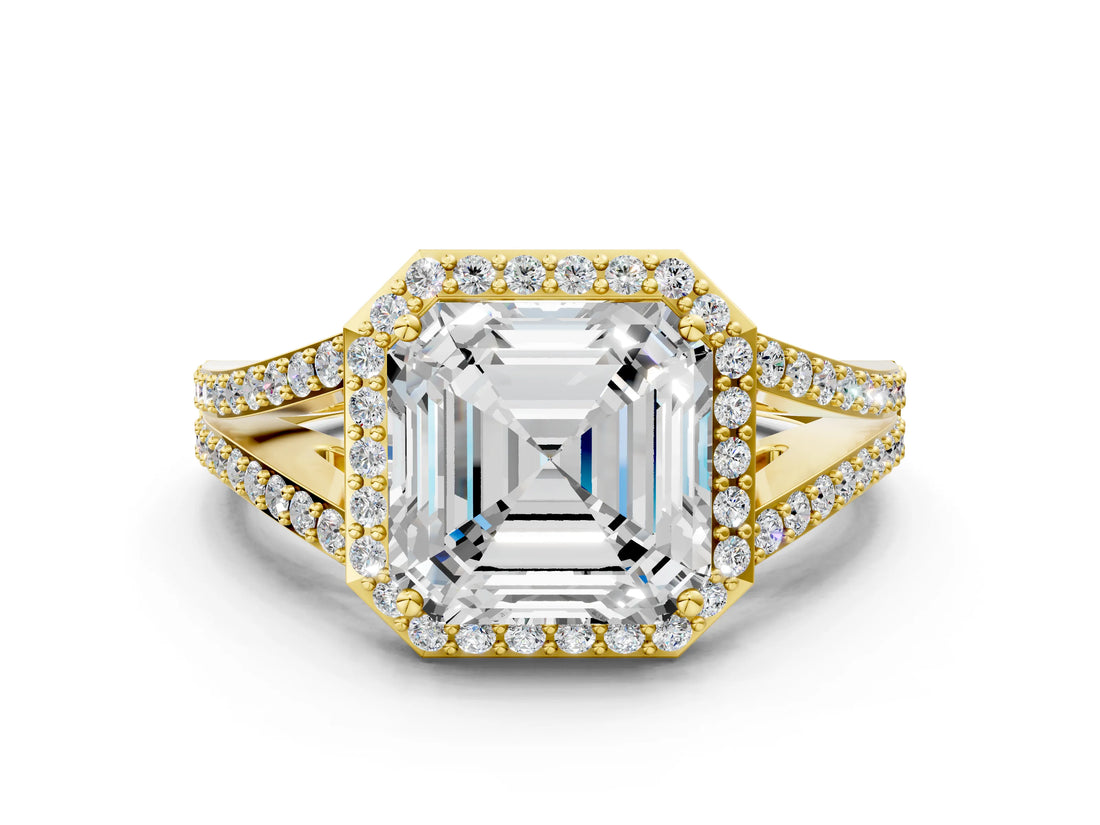 Yellow gold Asscher Halo Split Shank Pave Diamond Ring with Four-Prong Setting_52