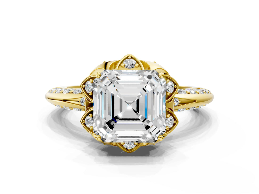 Yellow gold Asscher Halo Split Shank Pave Diamond Ring with Petal Prong Setting_20