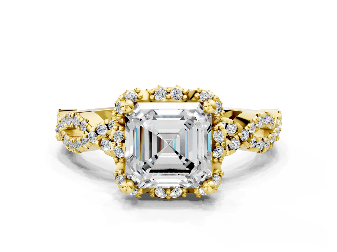Yellow gold Asscher Halo Twist Band Solitaire Ring with Six-Prong Setting_32
