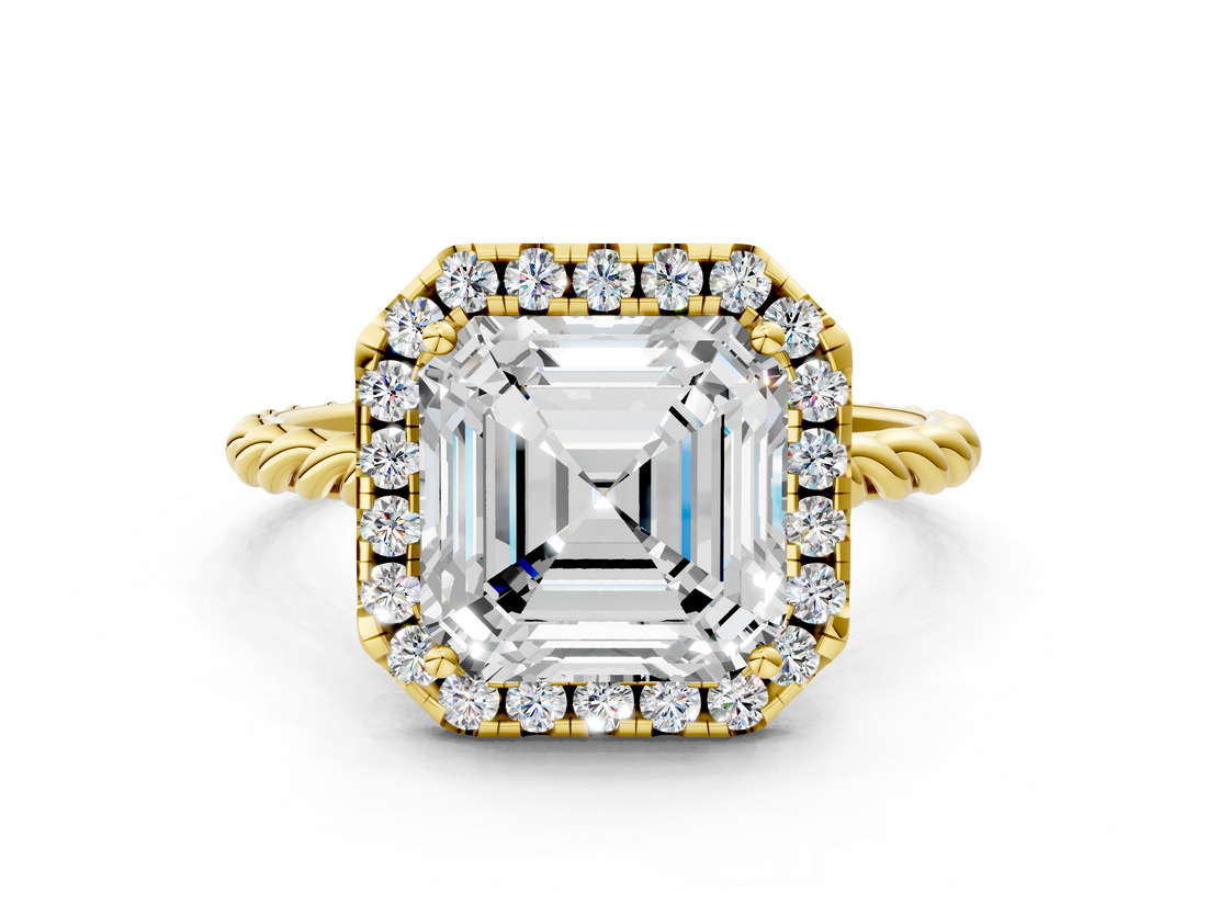 Yellow gold Asscher Halo Twisted Band Four-Prong Diamond Ring_6