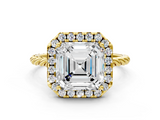 Yellow gold Asscher Halo Twisted Band Four-Prong Diamond Ring_6