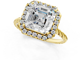 Yellow gold Asscher Halo Twisted Band Four-Prong Diamond Ring_7