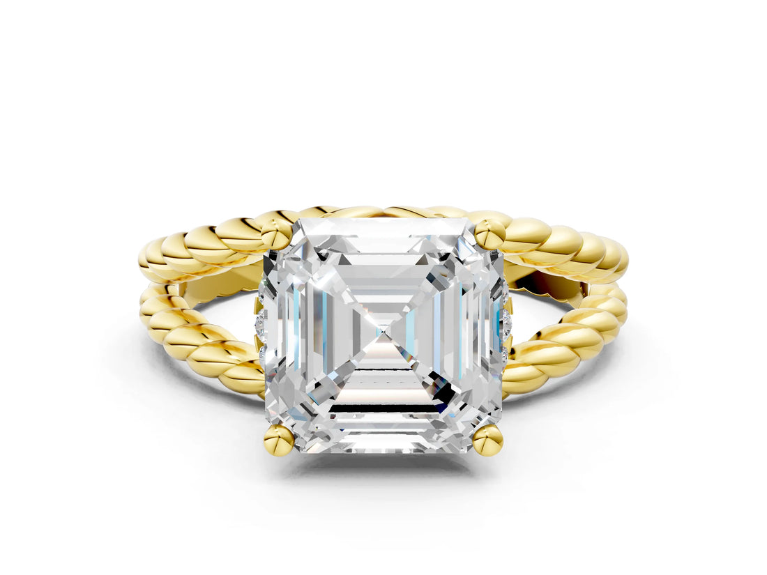 Yellow gold Asscher Halo Twisted Band Four-Prong Ring_32